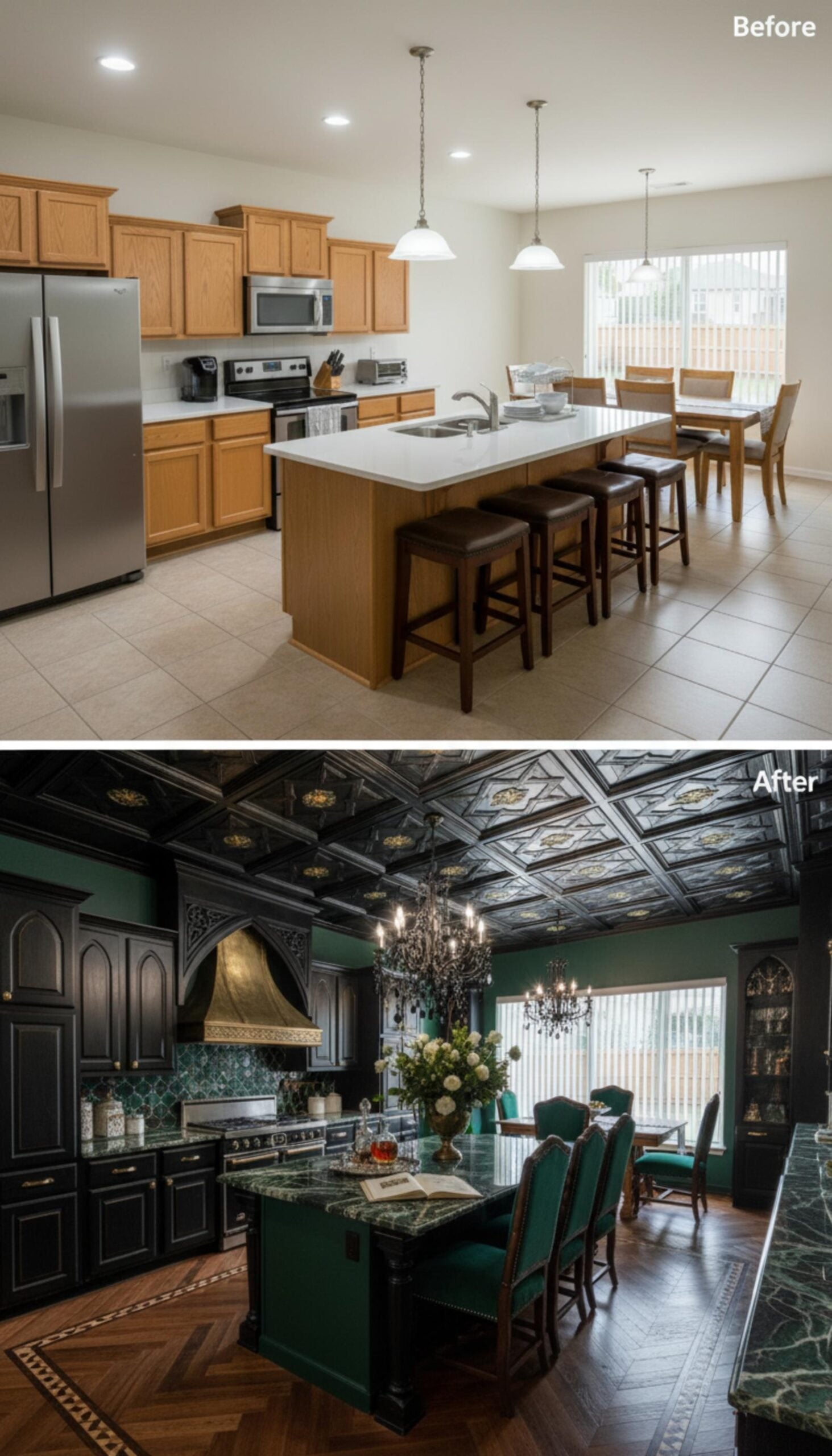 Black Lacquer Cabinets, Green Marble, and a Coffered Ceiling Painted Like a Cathedral