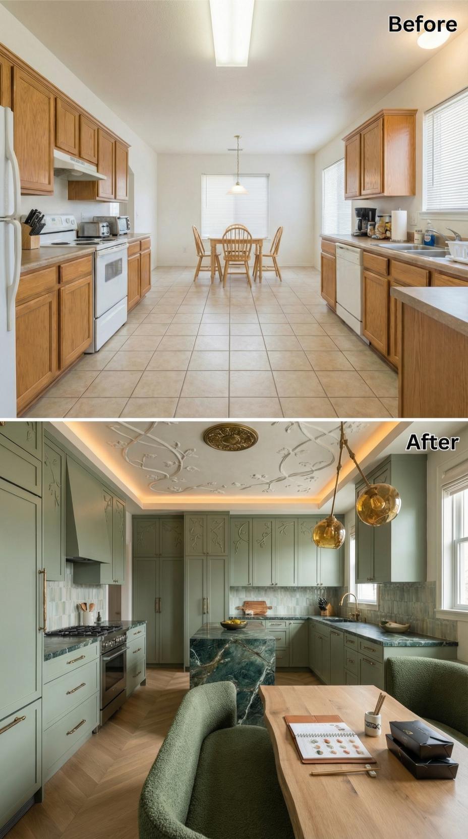 Sage Green Cabinets With Botanical Relief Get the Last Word Over Honey Oak