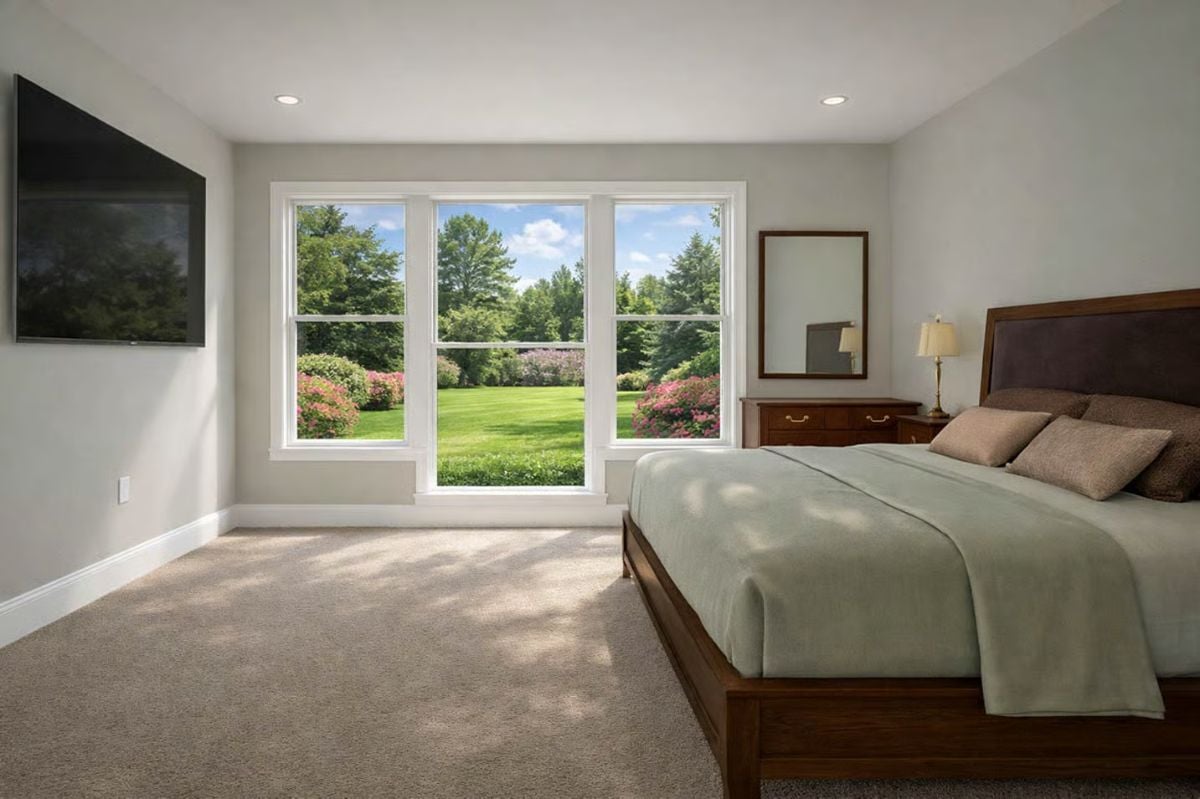 Garden Views and Warm Wood Tones Ground This Primary Bedroom