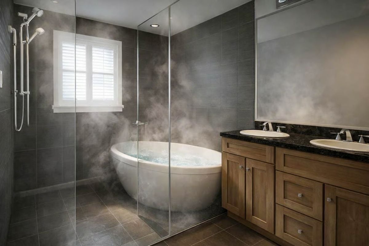 Steam, Soaking Tub, and Dark Tile Make This Bathroom Feel Like a Spa