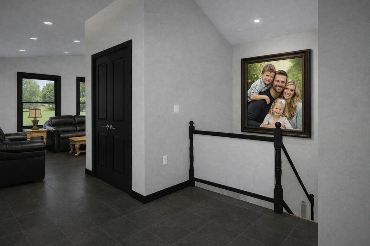 Framed Family Portrait Anchors the Upper Landing with Warmth