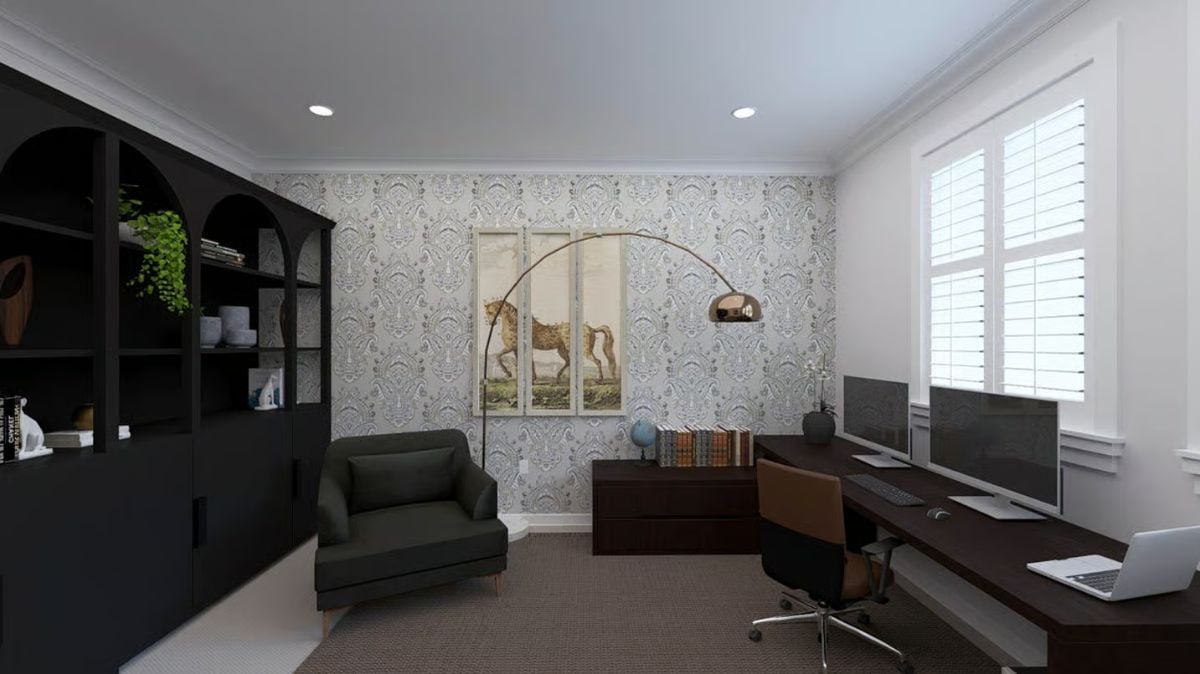 Paisley Wallpaper and Dark Wood Desk Define a Classic Home Office
