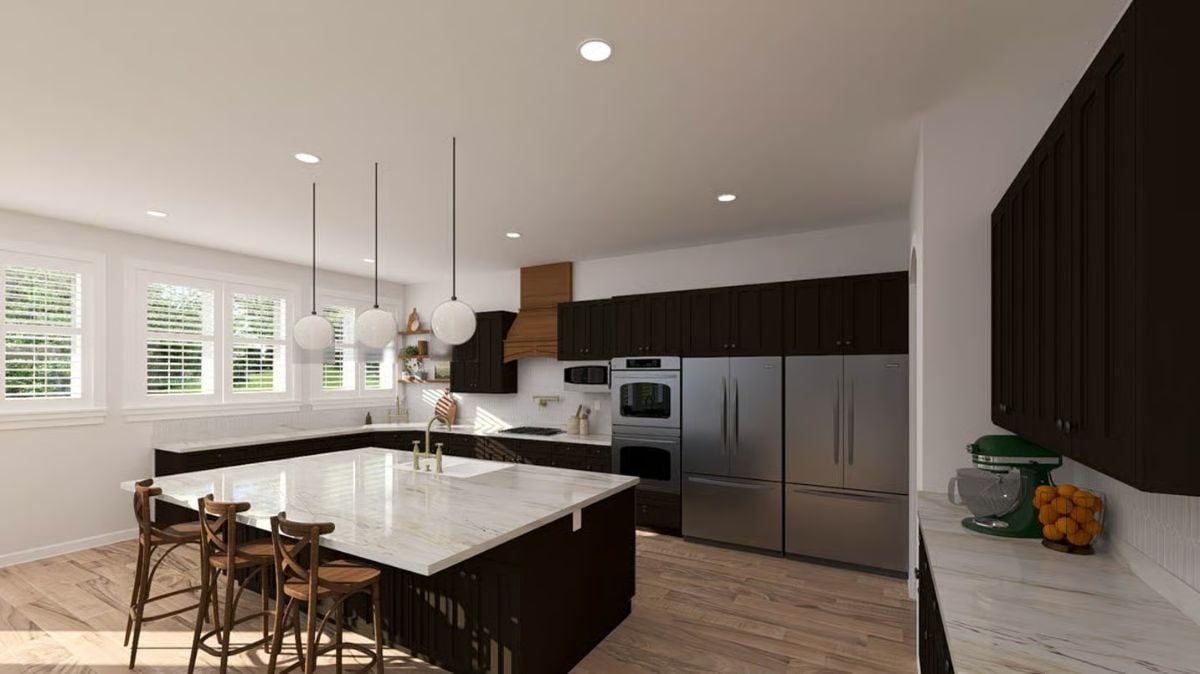 Marble Island and Dark Cabinets Set the Tone in a Modern Farmhouse Kitchen