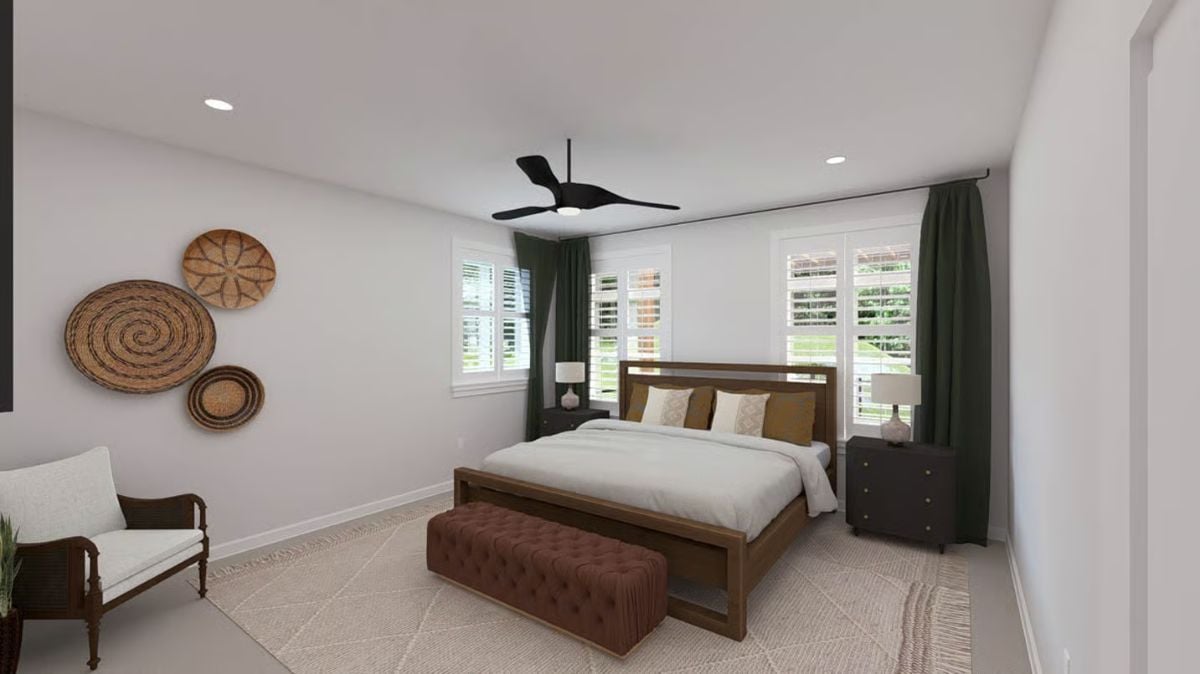 Woven Wall Baskets and Dark Curtains Give a Master Bedroom Earthy Depth