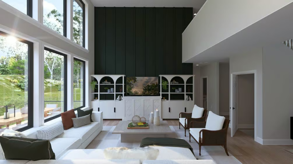 Dark Shiplap Accent Wall and Arched Built-Ins Define the Living Room