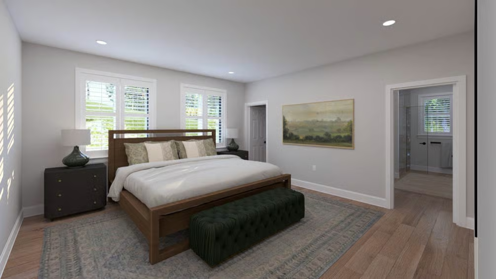 Warm Wood Tones and a Tufted Bench Give This Primary Suite Its Character