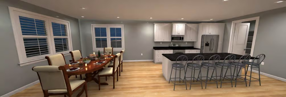 White Cabinets and Dark Granite Pull Double Duty in an Open-Plan Kitchen