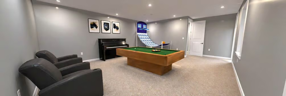 Billiards Table and Upright Piano Share a Basement Rec Room Without Fighting for Attention