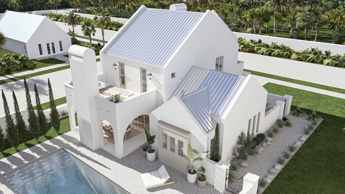 White Stucco Walls and Standing-Seam Roofing Define This Courtyard Retreat
