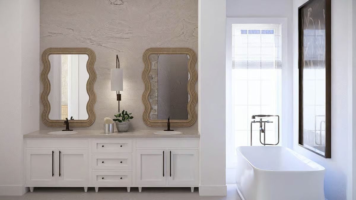 Wavy-Frame Mirrors and Matte Black Hardware Give This Vanity Its Edge