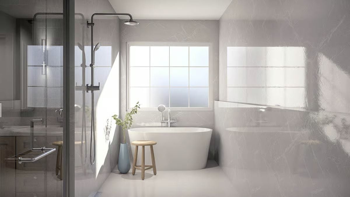 Freestanding Soaking Tub Sits Centered Beneath a Frosted Grid Window