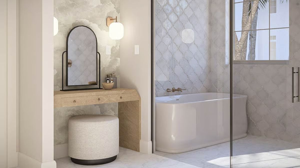 Arabesque Tile and Cloud Wallpaper Shape a Spa-Like Primary Bath