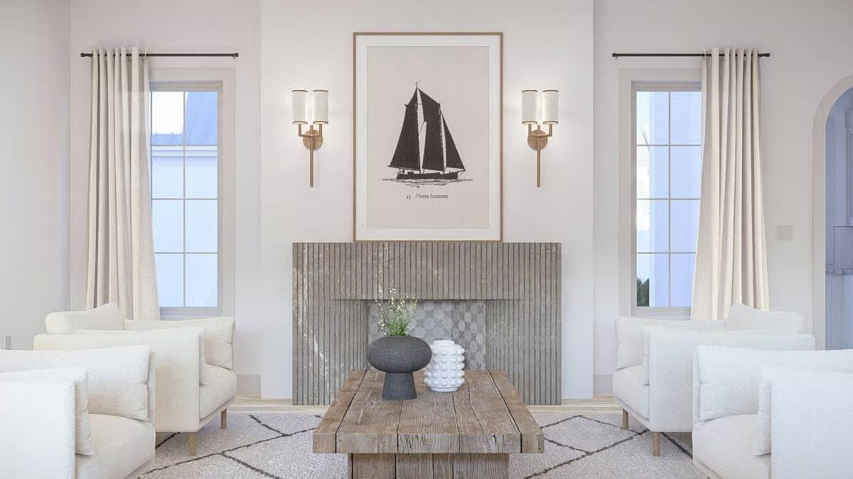 Sailboat Art and Fluted Stone Give This Fireplace Wall Real Character