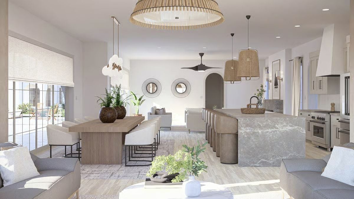 Rattan, Marble, and Natural Wood Define an Open-Plan Living Space