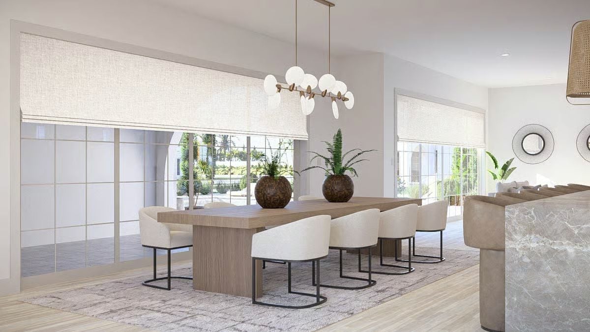 Globe Pendants and Round Planters Soften a Long Wood Dining Table