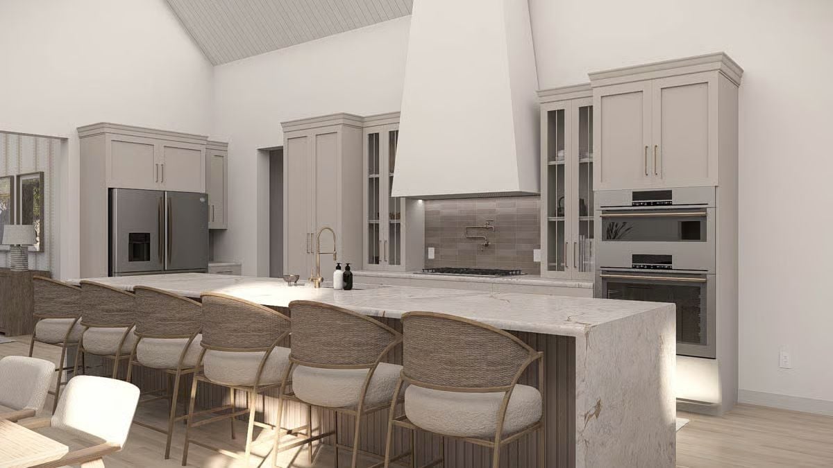 Marble Island and Double Wall Ovens Ground This Coastal Contemporary Kitchen