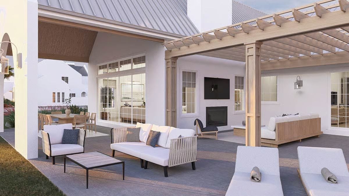 Pergola, Fireplace, and Lounge Chairs Make This Covered Patio Built for All-Day Living