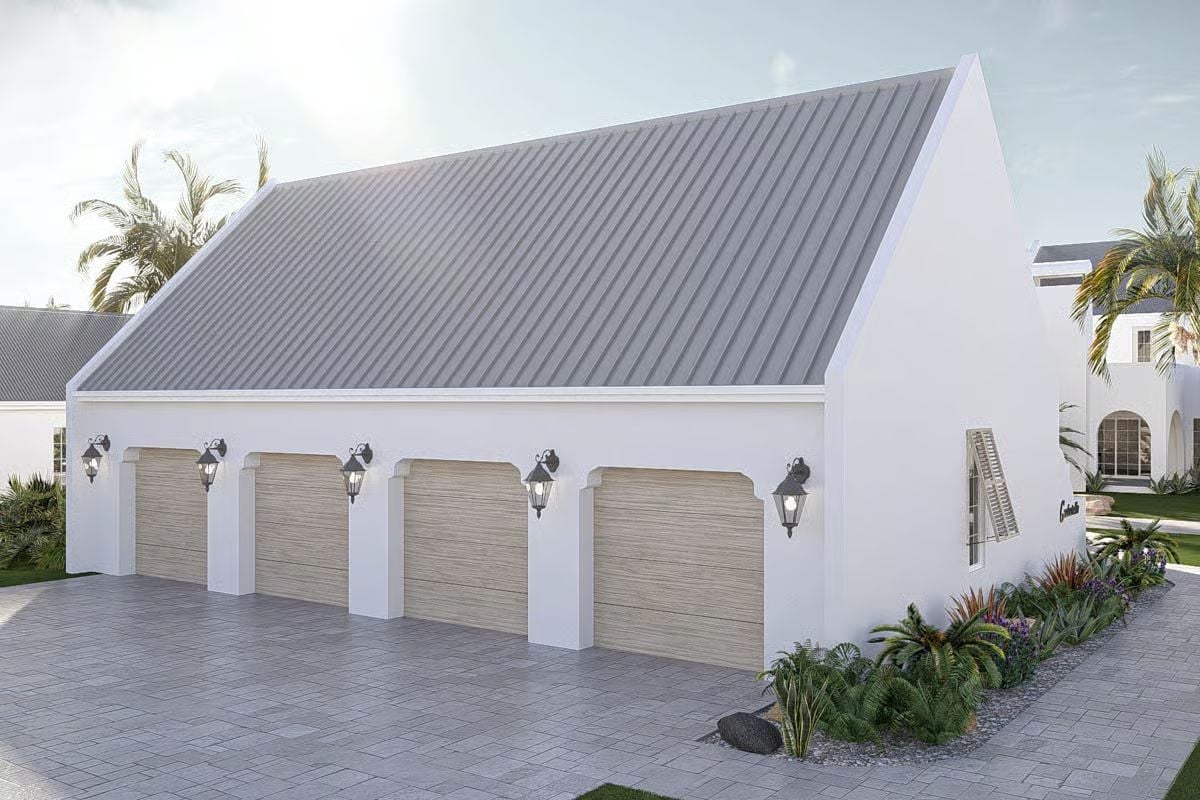 Four-Bay Garage Pairs White Stucco with Wood-Tone Doors and Lantern Sconces