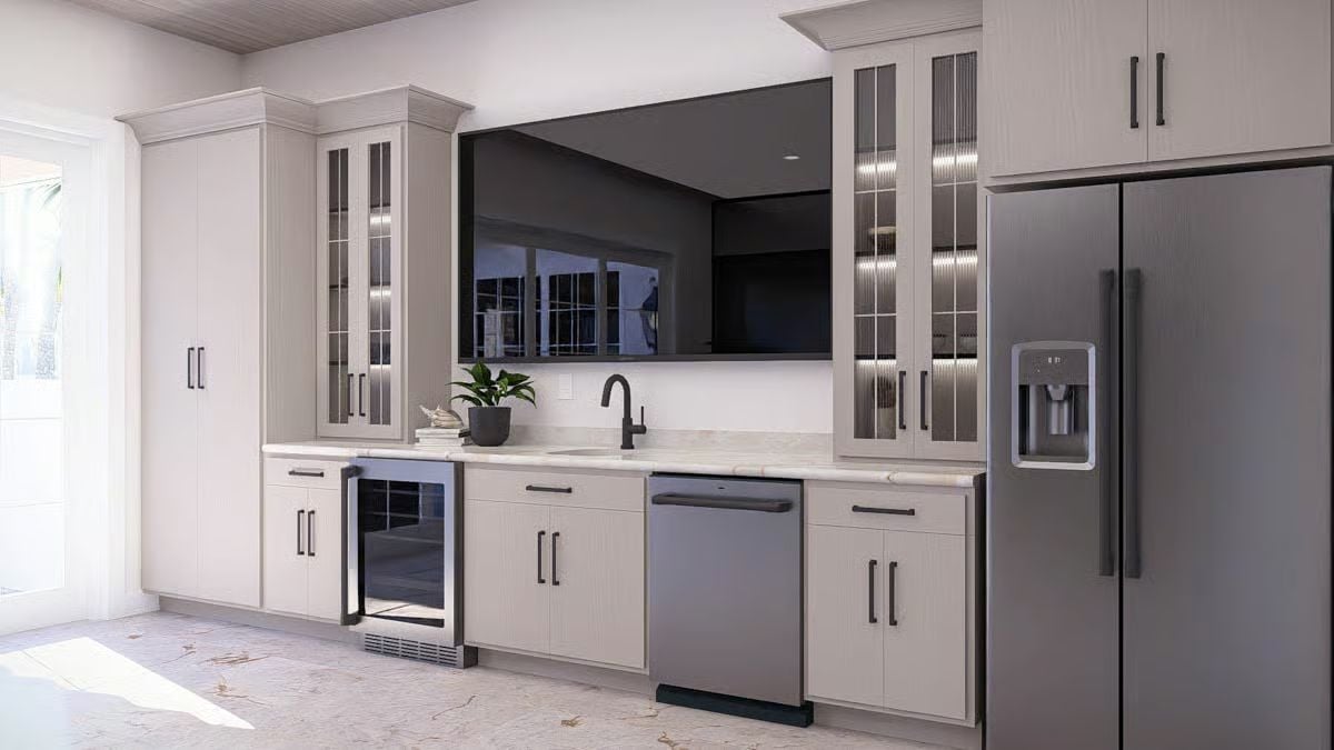 Wet Bar Cabinet Wall Pairs Glass-Front Uppers with a Built-In Wine Cooler