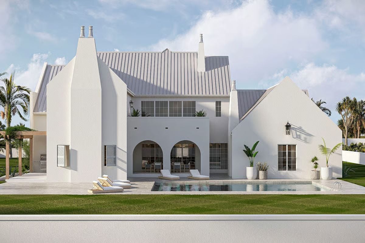 White Stucco Exterior With Arched Loggia and Lap Pool