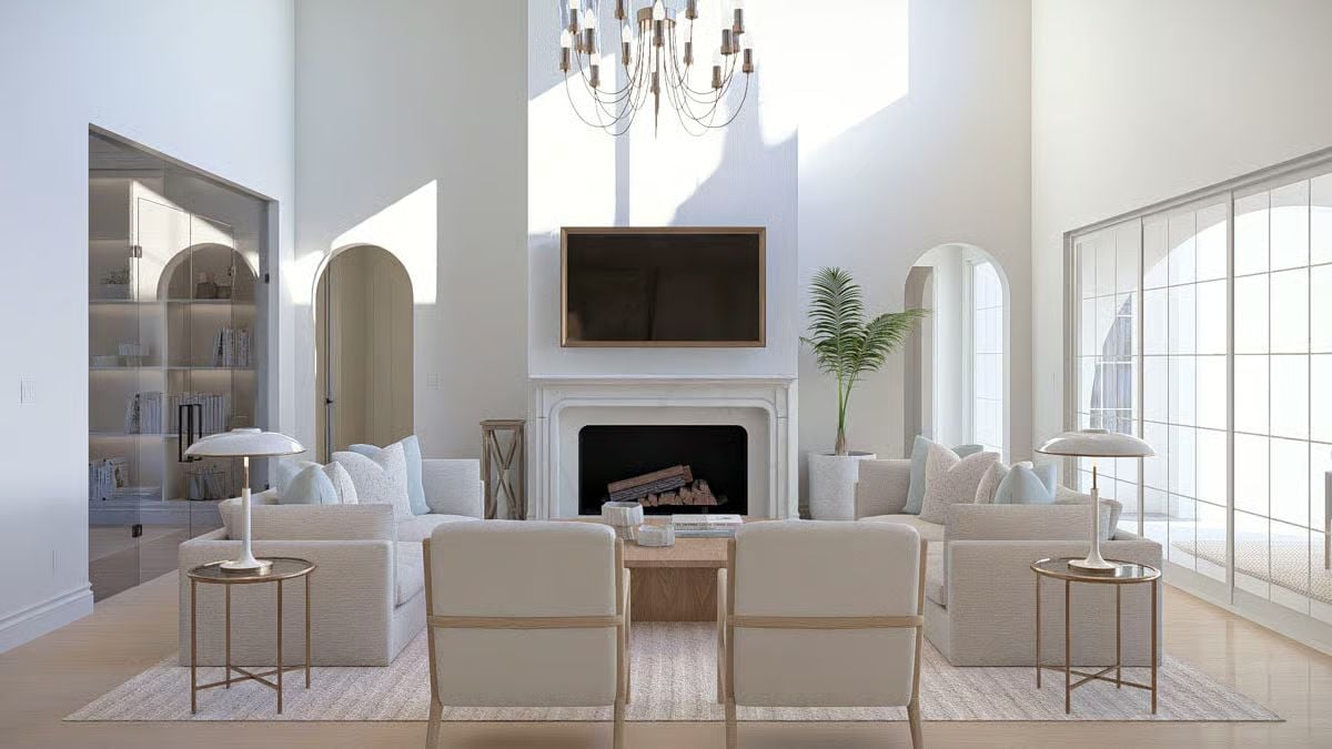 Double-Height Living Room Anchored by a White Marble Fireplace