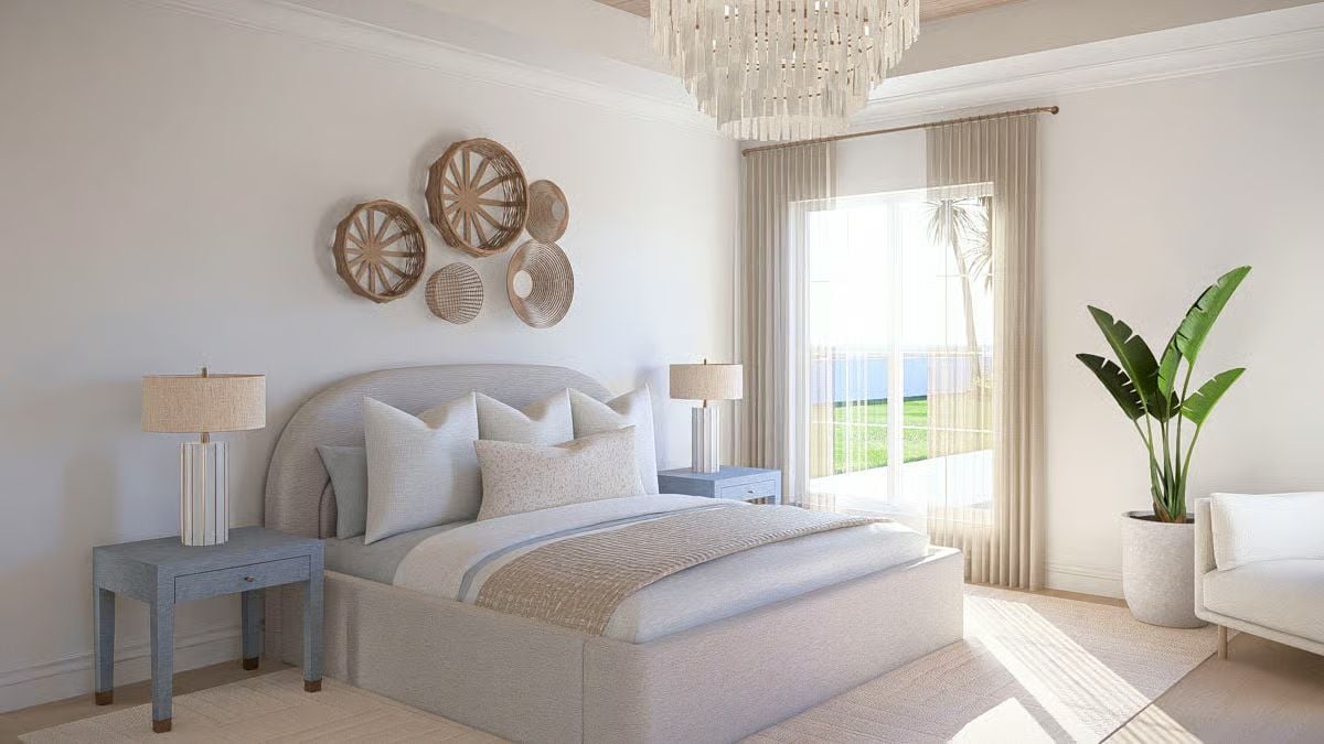 Woven Wall Baskets and a Crystal Chandelier Anchor This Coastal Bedroom