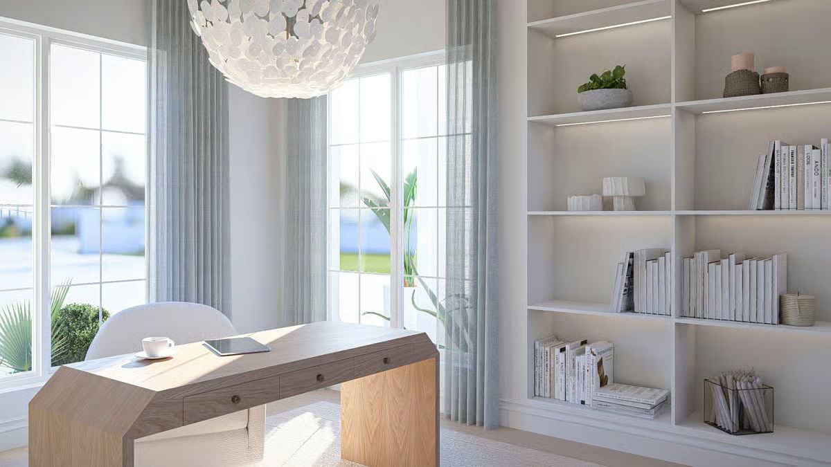 Sculptural Desk and Built-In Shelving Shape a Light-Filled Home Office