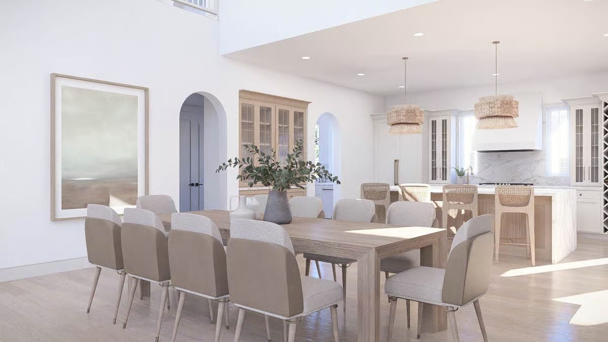 Woven Pendants and a Long Wood Table Ground This Open Dining Space