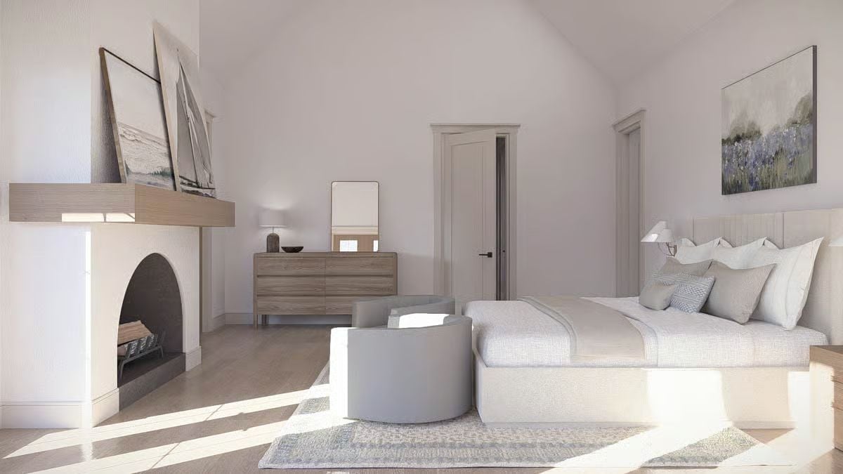 Barrel Vault Ceiling and Arched Fireplace Shape a Coastal Primary Bedroom