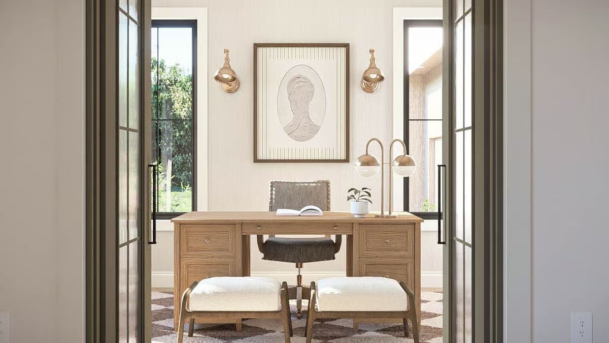 Brass Sconces and a Portrait Sketch Turn a Home Office Into Something Worth Sitting In