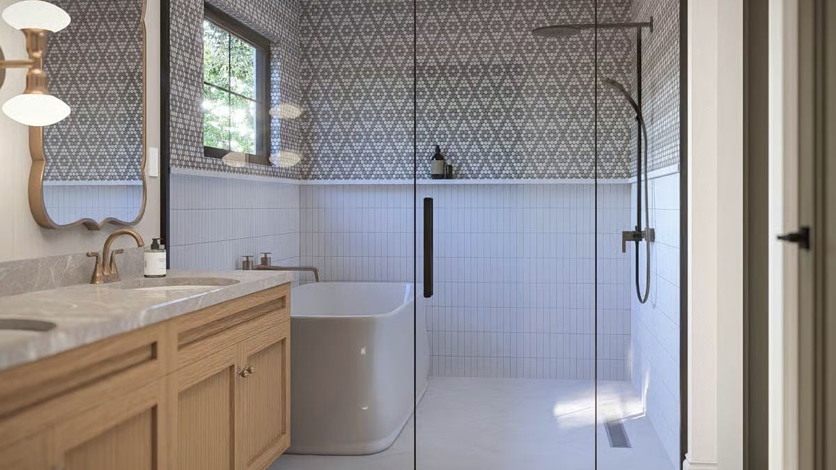 Penny Tile Meets Frameless Glass in a Bathroom Built for Two Routines