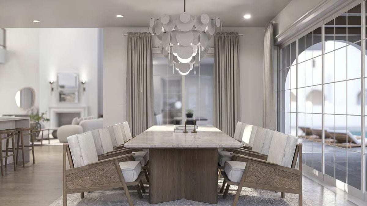Disc Chandelier and Marble Table in a Neutral Dining Room