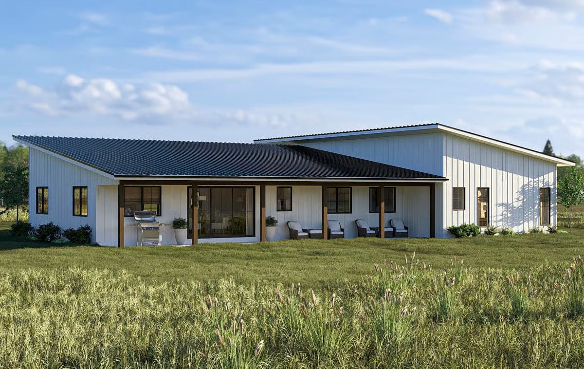 Wraparound Covered Porch Anchors This White Board-and-Batten Barndominium