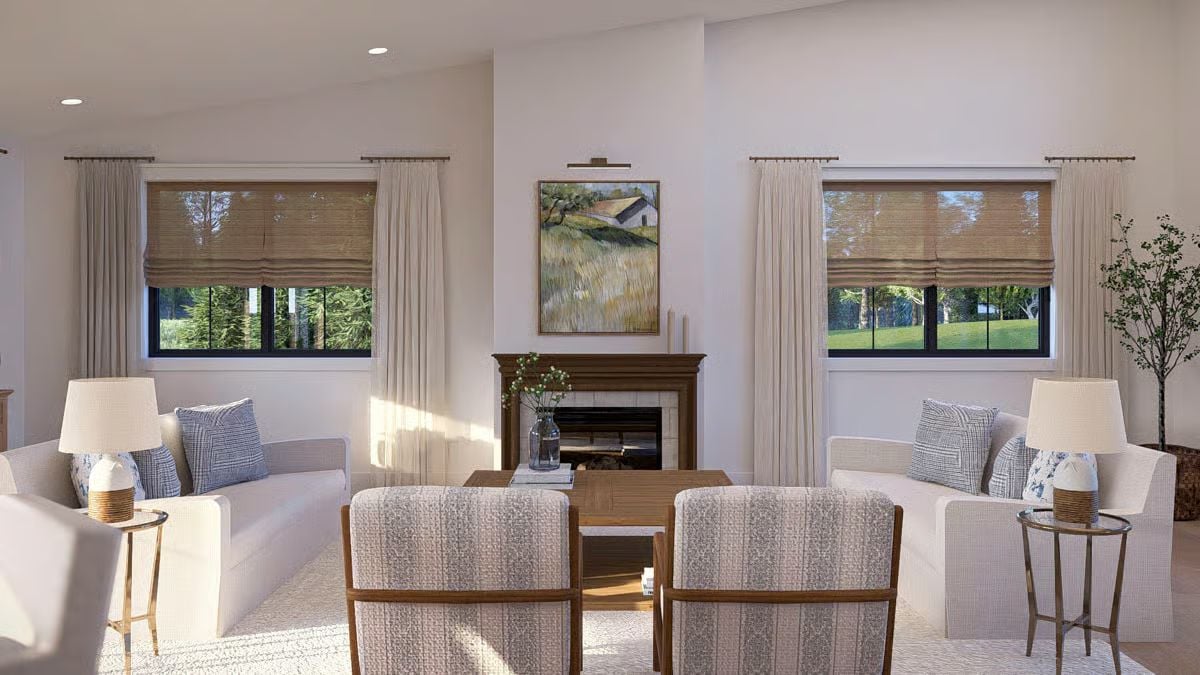 Warm Light and Woven Blinds Give This Living Room Its Quiet Confidence
