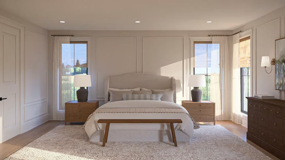Upholstered Headboard and Matched Nightstands Give This Bedroom Its Calm Authority