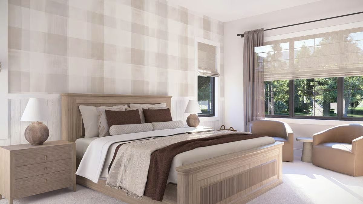 Plaid Wallpaper and Fluted Wood Pull a Neutral Bedroom Far From Boring