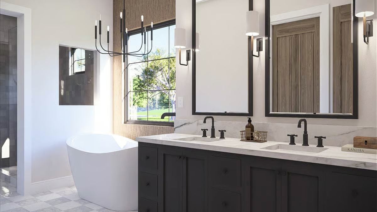 Matte Black Fixtures and Marble Counters Earn Every Inch of This Vanity