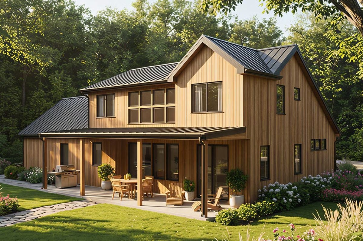 Warm Cedar Siding Meets Metal Roofing on This Two-Story Farmhouse Exterior