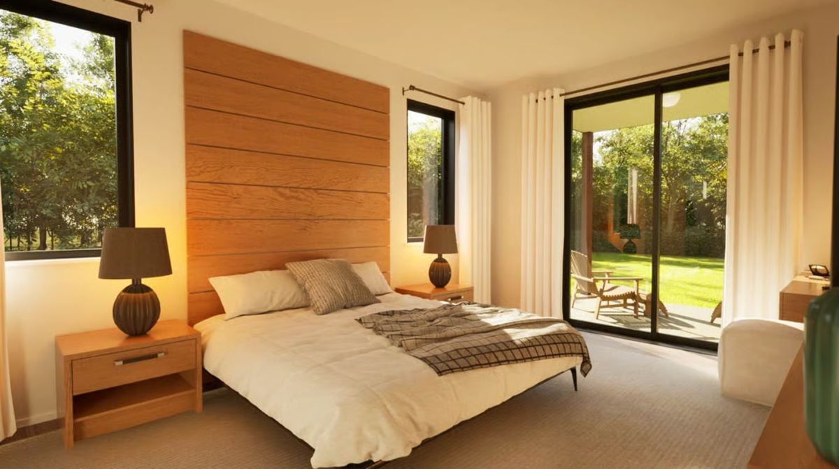 Cedar Headboard Wall and Sliding Glass Doors Pull the Garden Into This Bedroom