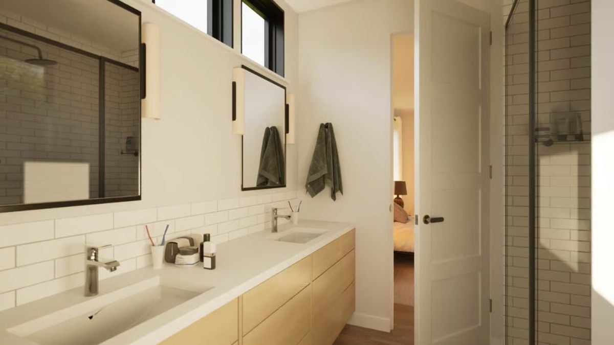 Double Vanity Bathroom Where Subway Tile and Wood Cabinetry Do the Work