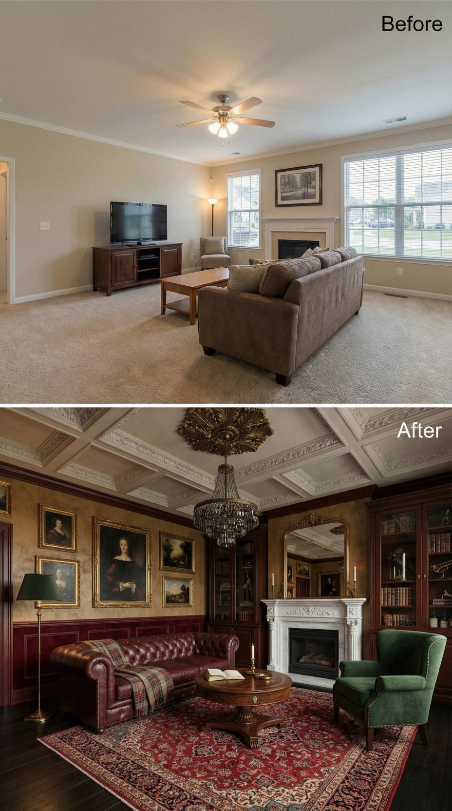 Coffered Ceiling and Tufted Chesterfield Turn a Flat Room Into a Victorian Study
