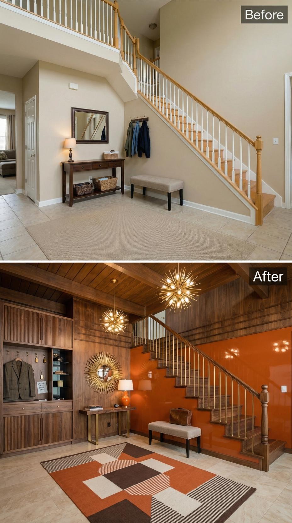 Burnt Orange Lacquer, Walnut Paneling, and Sputnik Pendants Fix a Forgettable Entry