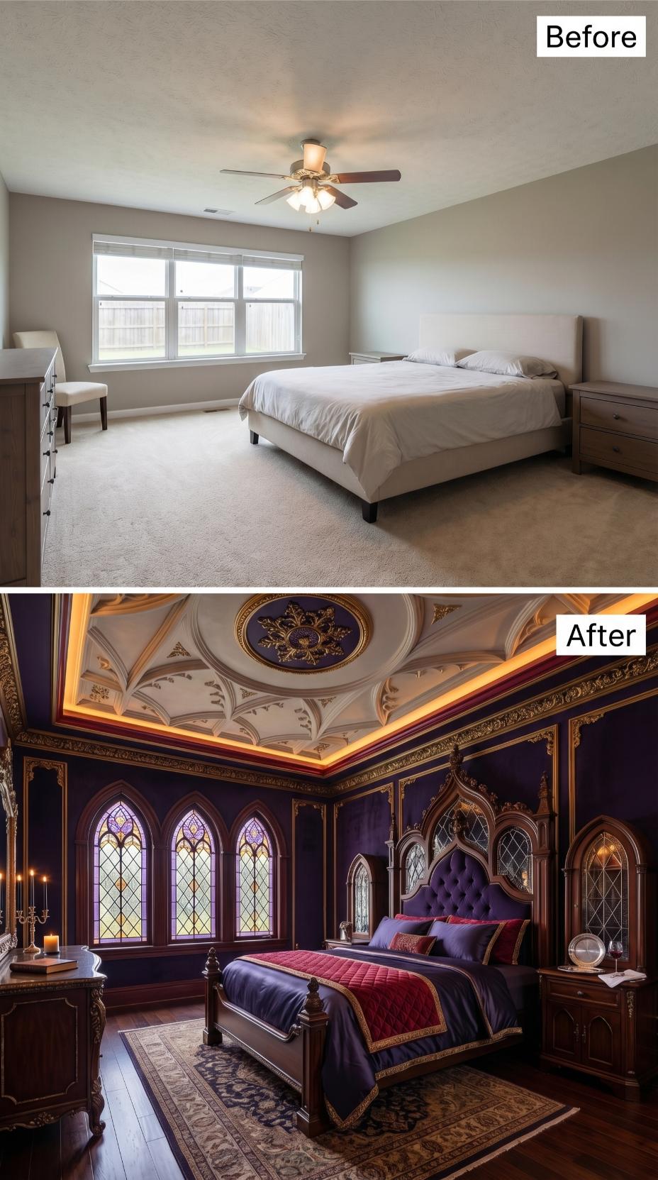 Gothic Vaulted Plasterwork and Stained Glass Windows Replace Carpet and Ceiling Fan
