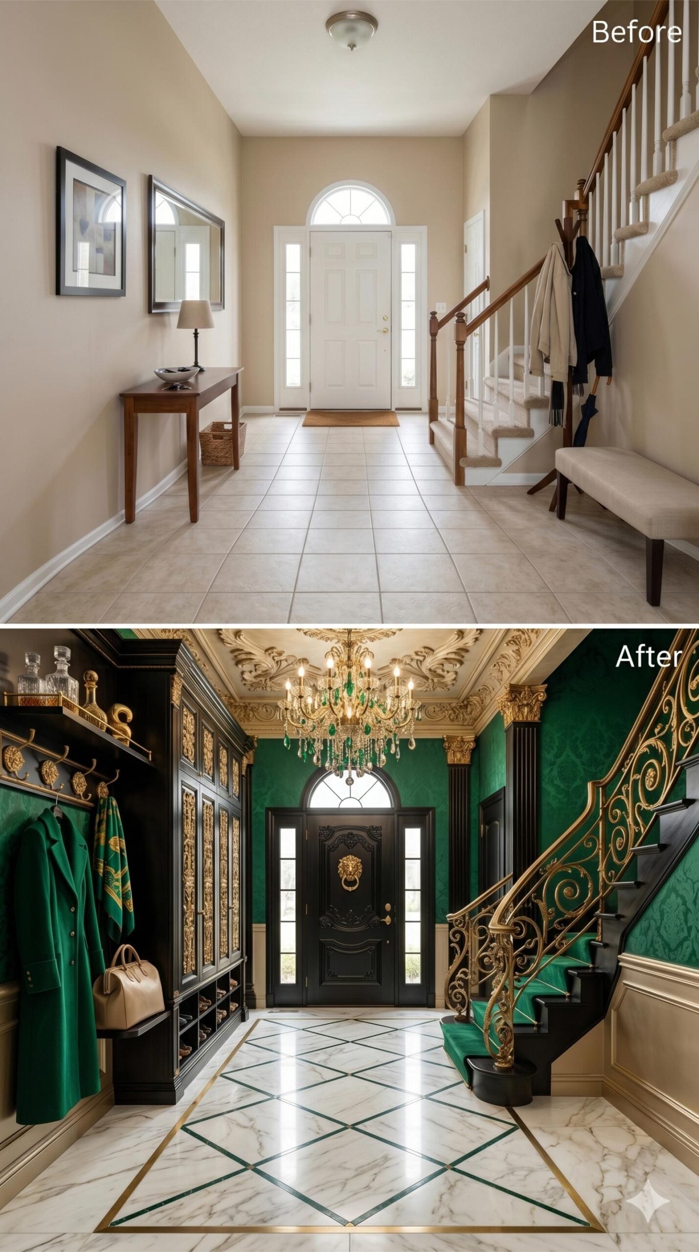Emerald Damask Walls and Gold Ironwork Make This Foyer Impossible to Walk Past Quickly