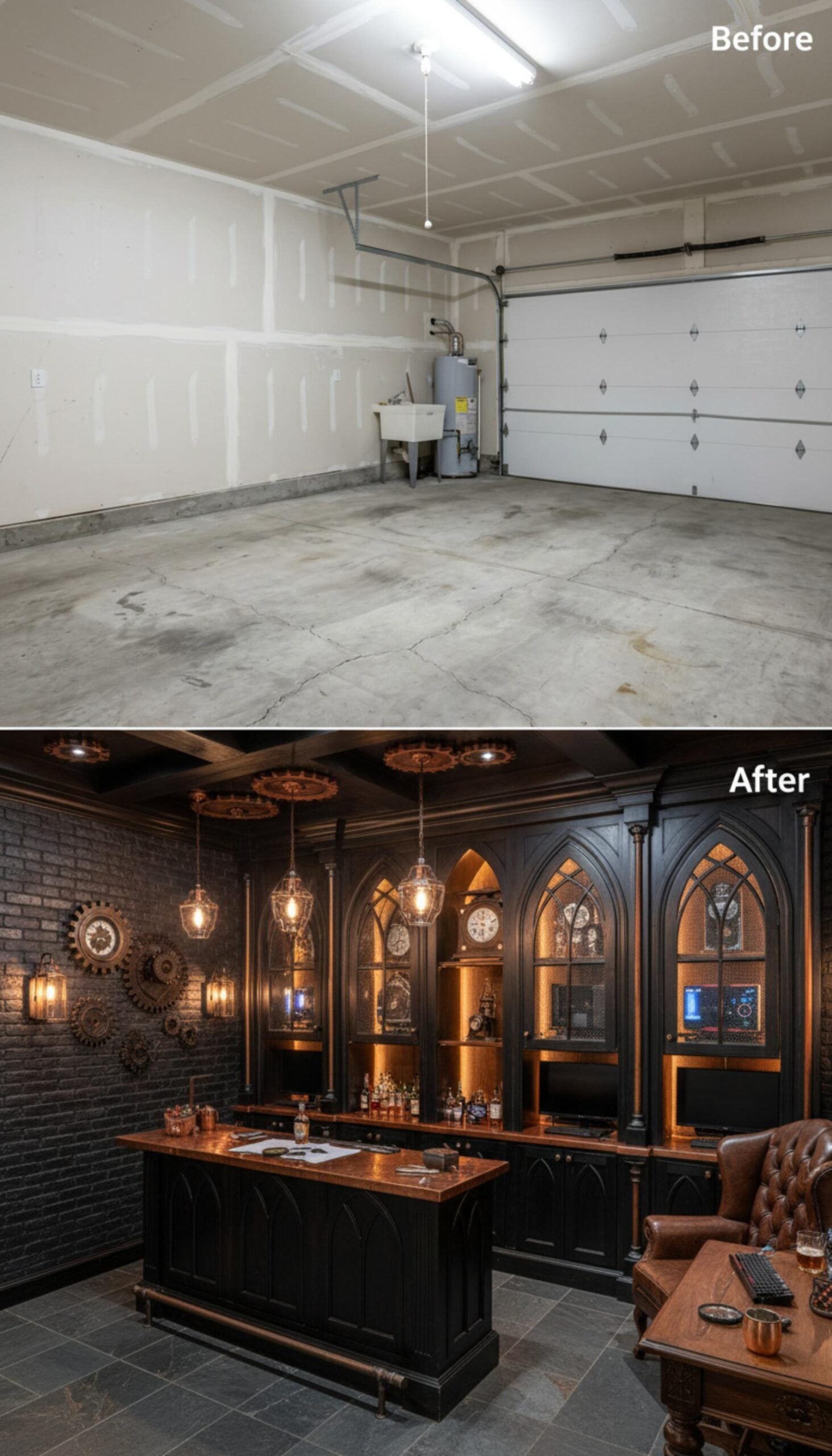Steampunk Gothic Garage Bar With Cathedral Cabinetry and Copper Accents