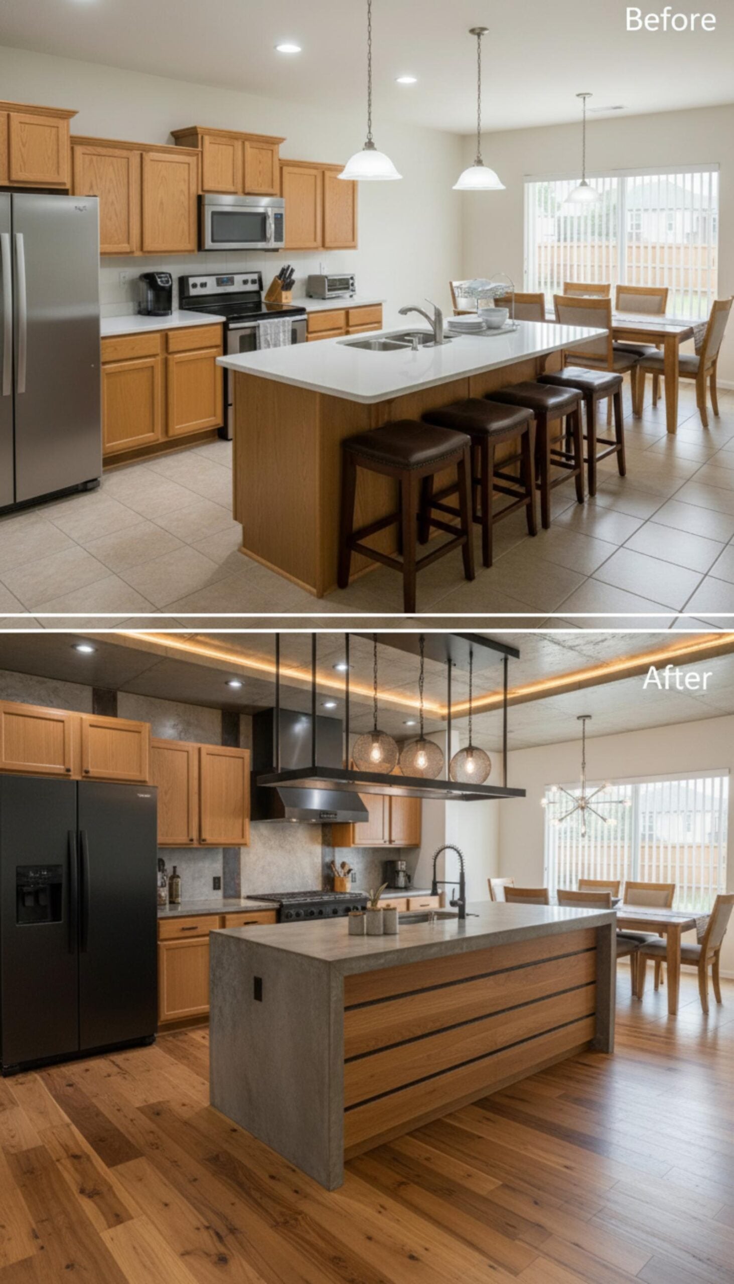 Concrete Island Siding, Warm Oak Hardwood, and Pendant Clusters That Pull Everything Down to Earth