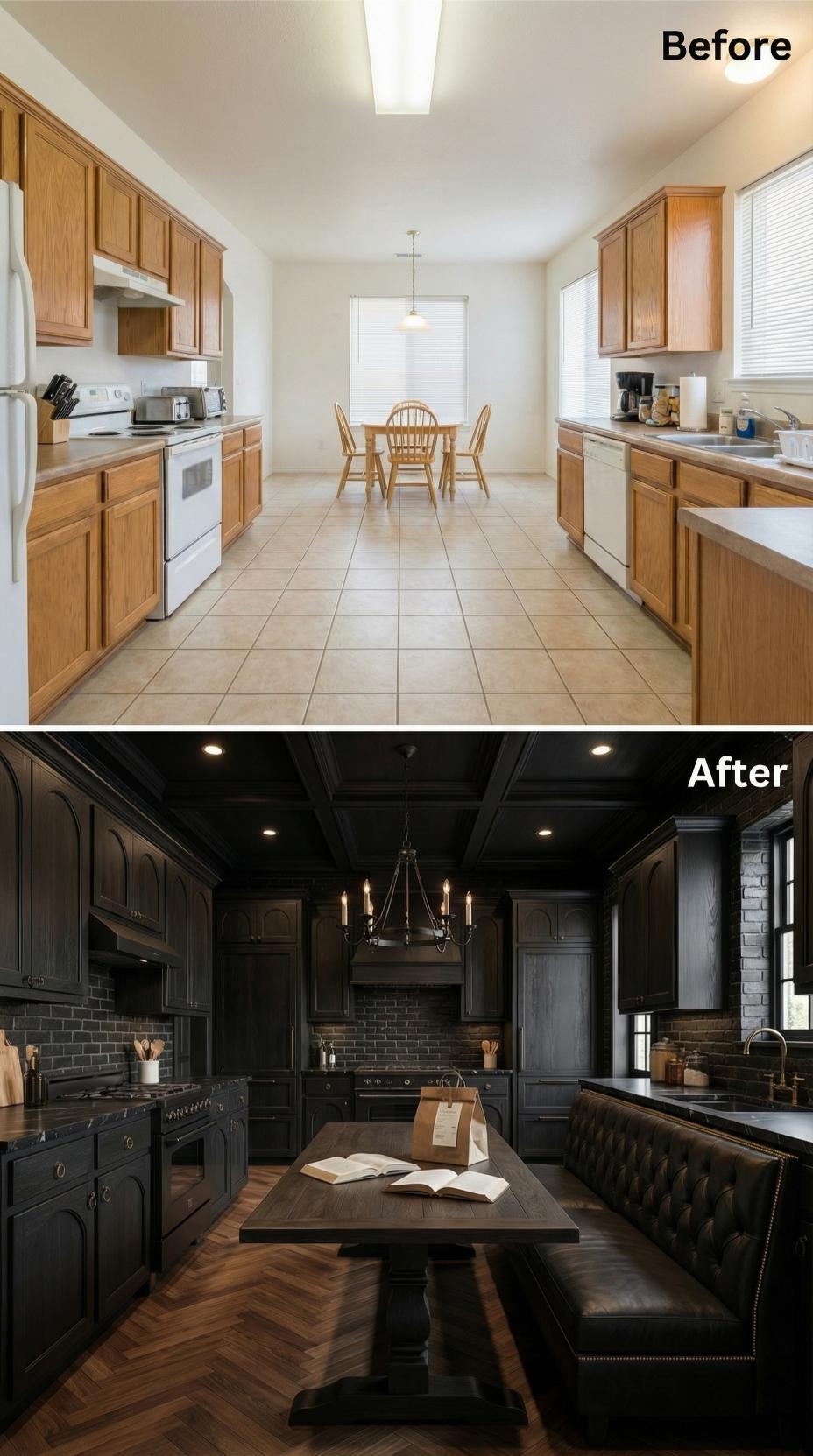 Matte Black Cabinets and Tufted Leather Banquette Buried the Beige Tile for Good