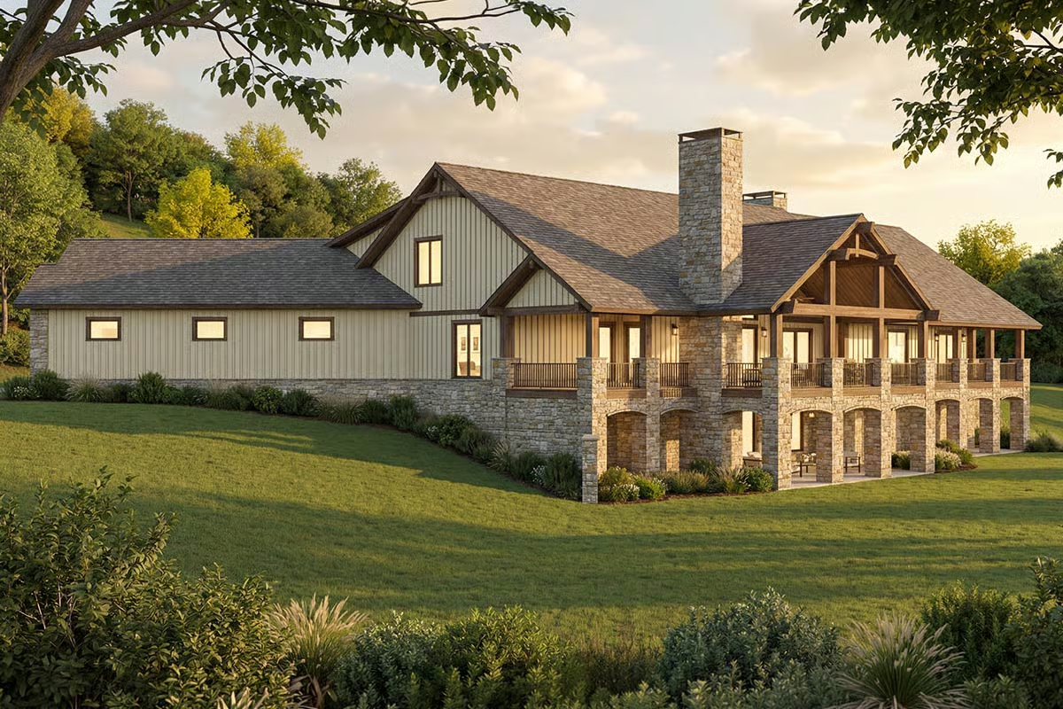 Stone Arches and Timber Brackets Define This Craftsman Rear Elevation