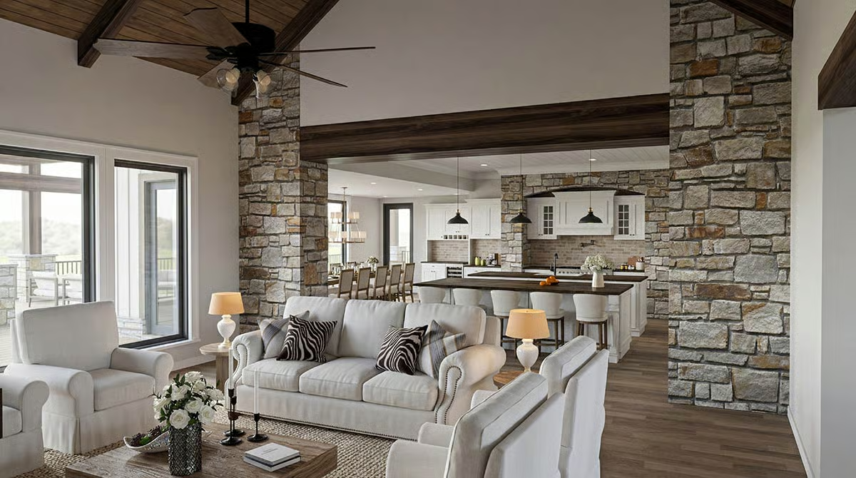 Stone Columns and Exposed Beams Anchor an Open-Concept Mountain Interior