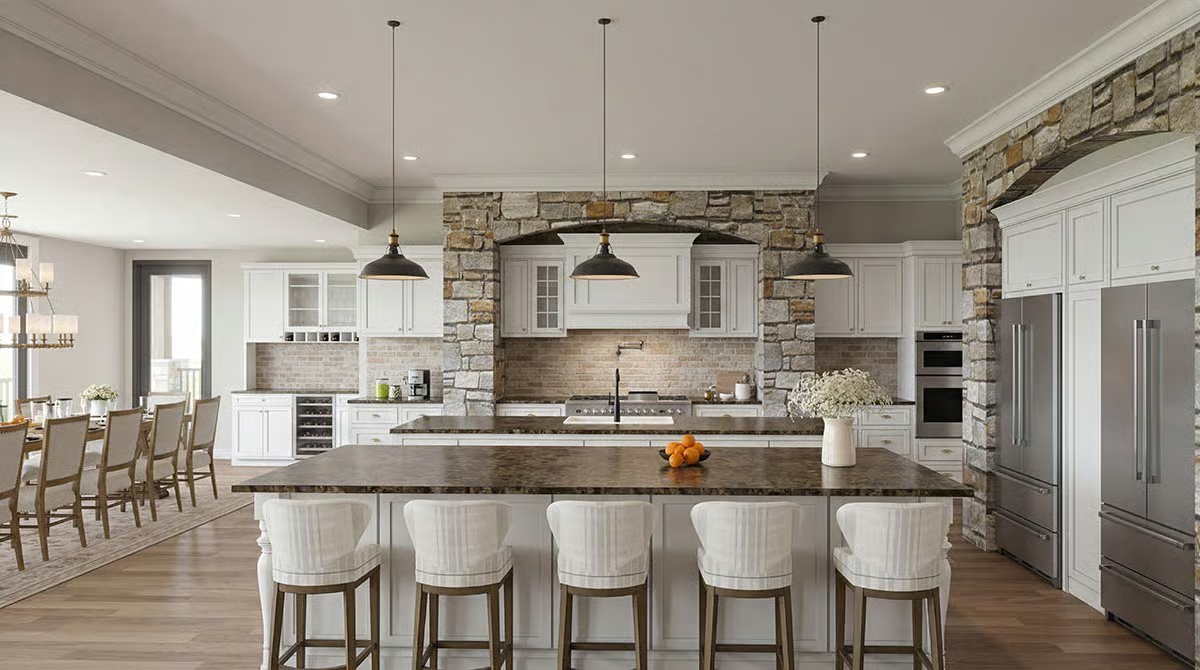 Dark Granite and Stone Arches Pull This Kitchen Away From Generic White